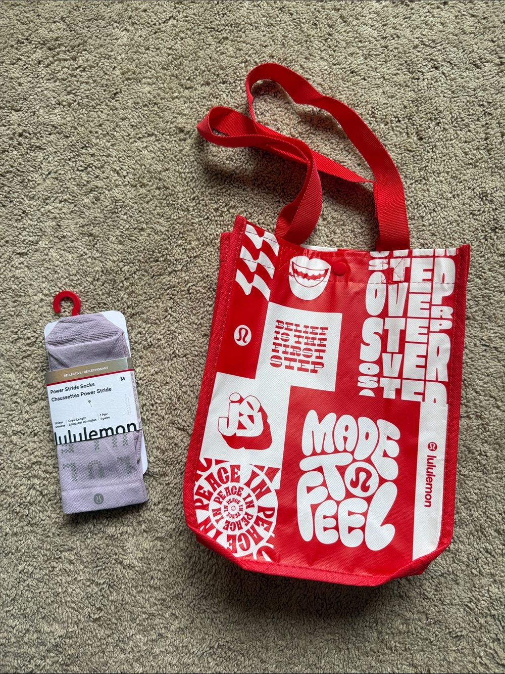 lululemon athletica lavender Power Stride Socks with Red Graphic Tote Bag